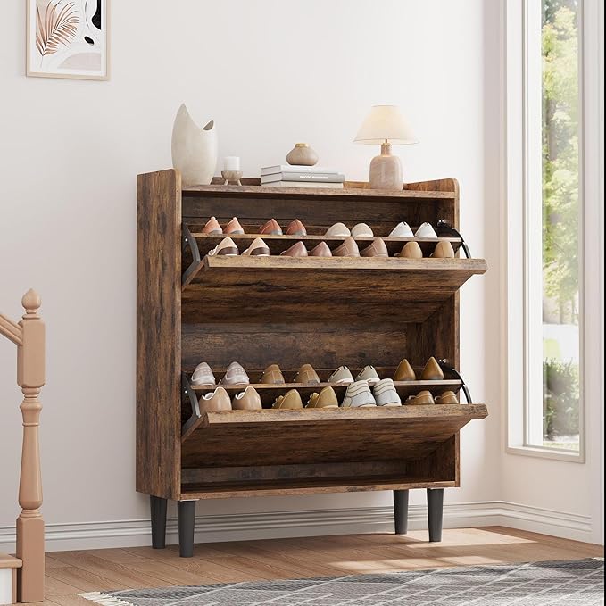 IDEALHOUSE Shoe Cabinet with 2 Flip Drawers,Hidden Wood Shoe Storage with Adjustable Shelf,Freestanding Shoe Organizer Rack for Entryway,Hallway,Living Room(Rustic Brown)