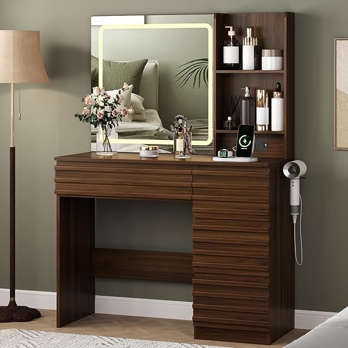 Makeup Vanity Desk with Lights, Fluted Vanity with 4 Drawers, Open Shelves, Power Outlet, LED Lighted Mirror, 3 Lighting Modes & Brightness Adjustable, Wood Dressing Table for Bedroom, Walnut