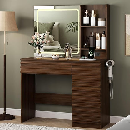 Makeup Vanity Desk with Lights, Fluted Vanity with 4 Drawers, Open Shelves, Power Outlet, LED Lighted Mirror, 3 Lighting Modes & Brightness Adjustable, Wood Dressing Table for Bedroom, Walnut