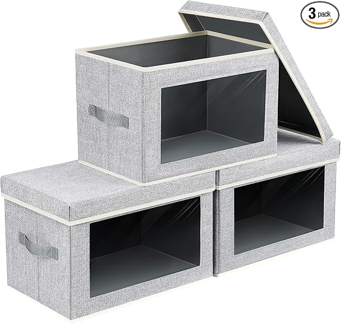 Homsorout Fabric Storage Bins with Lids - 3 Packs Storage Cubes with Window, Foldable Storage Baskets Bins for shelves, Closet Storage Boxes for Towels, Clothes, Home, Office, Blended