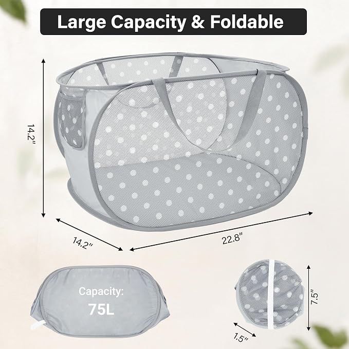 Sturdy Collapsible Laundry Baskets with Side Pockets, Mesh Pop Up Laundry Hamper, Foldable Clothes Storage Hamper with Reinforced Carry Handles for Home, Dorm, Travel -Polka Dot Print, Gray