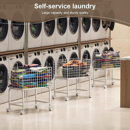 Rolling Laundry Basket with Wheels,80L Wire Laundry Cart with Pull Handle,White High Laundry Basket Cart for Laundry Room,Bathroom,Bedroom-White(23.6 * 15.75 * 28inch)