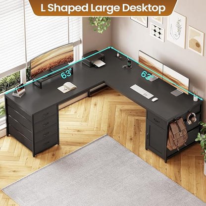Sedeta SEDETA L Shaped Desk, 63'' Computer Desk with 5 Drawer & Power Outlet,Long Home Office Desk or Corner Desk, L Shaped Corner Desk with Monitor Shelf, Storage Cabinet, Black