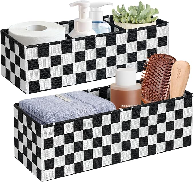 2-Pack Checker Pattern Woven Bins, 16” Ribbon Metal Wire Desk Organizer, Drawer Dresser Baskets, Countertop Toilet Paper Storage Containers (Black & White)