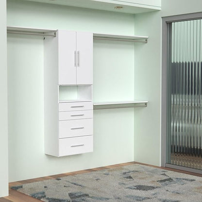 ClosetMaid SuiteSymphony Modern Hanging Closet Kit Includes (1) Tower, (3) Closet Rods, (4) Shelves, (3) Top Shelves w/Brackets, (4) Drawers and (1) Closet Door Set, White