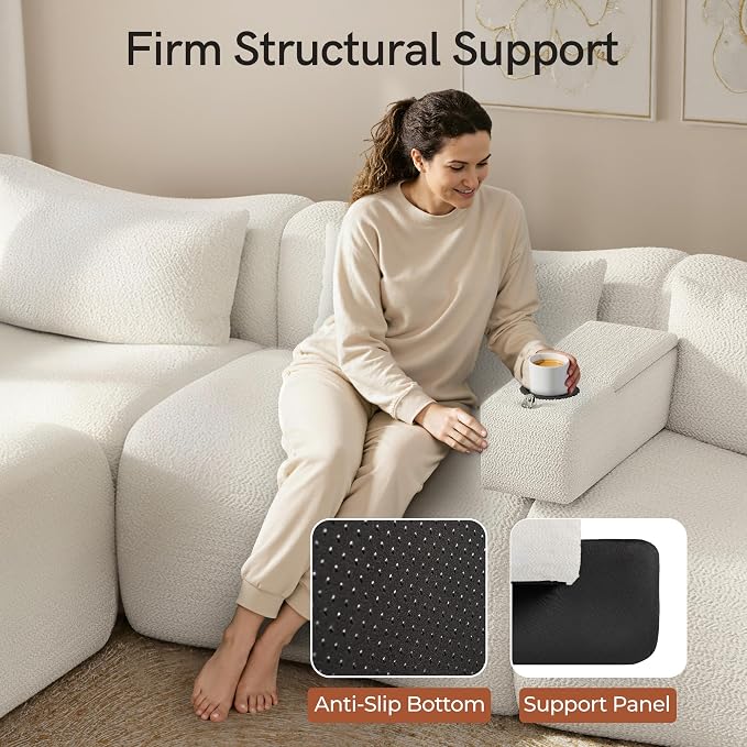 Couch Caddy with Cup Holder Multifunctional Couch Armrest Charging Console Phone Holder Sofa Arm Rest 20.3'' Removable White Chenille Sofa Organizer Remote Snack Storage for Livingroom Couches