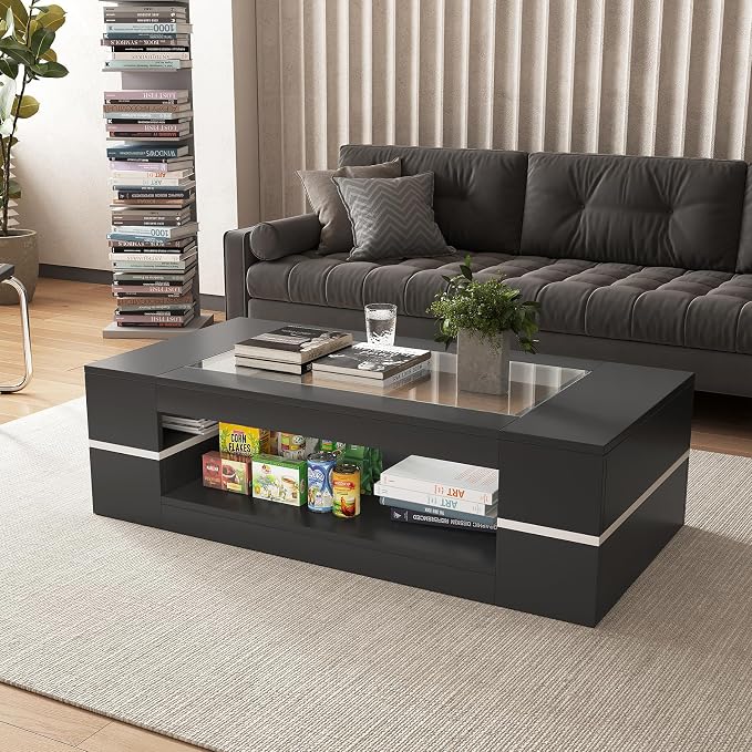 HedoAjim 47.2" Modern Stylish Coffee Table with Glass Table Top, Large Living Room Table Rectangular 2-Tier Center Tables with Storage, Wooden Cocktail Tea Tables for Dining Reception Room, Black