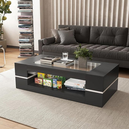 HedoAjim 47.2" Modern Stylish Coffee Table with Glass Table Top, Large Living Room Table Rectangular 2-Tier Center Tables with Storage, Wooden Cocktail Tea Tables for Dining Reception Room, Black