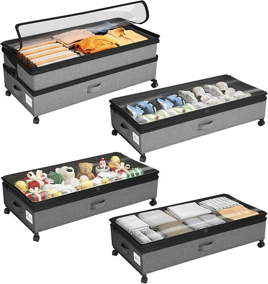 Kitstorack 4 Pack Height-adjustable Under Bed Storage with Wheels, Under Bed Storage Containers,Under Bed Shoe Storage Organizer with Clear Window&Label, Suitable for Clothes Storage, Gray
