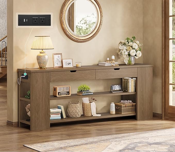 71.8" Extra Long Console Table, Farmhouse Sofa Table with Generous Storage and Built-in Outlet, Sturdy Entryway Table for Living Room, Entrance, Hallway, Foyer, Brown
