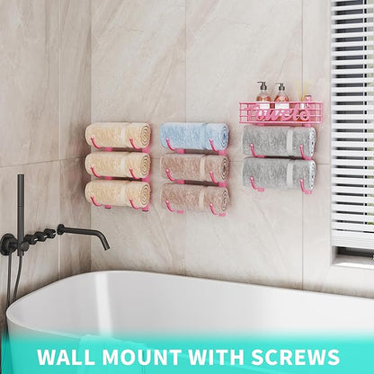 HapiRm Towel Racks for Bathroom Storage - 9 Tier Over The Door & Wall Mount Rolled Towel Storage Organizer Holder with Metal Shelf Basket for Small Bathroom, Camper, Rv - Pink, Patented