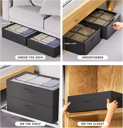 CYhom 3Pcs Under Bed Storage Bins with Metal Frame - Shoe Organizer for Closet with Clear Cover Oxford Fabric Sturdy Underbed Container Foldable Stackable Clothes Organizer (Black, 23.5x11.8x6.3)