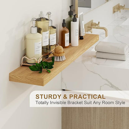 Fun Memories Floating Shelves for Wall, 24Inch Floating Shelves Set of 2, Hanging Shelf with Invisible Brackets, Wood Shelves for Living Room, Bedroom, Kitchen, Oak