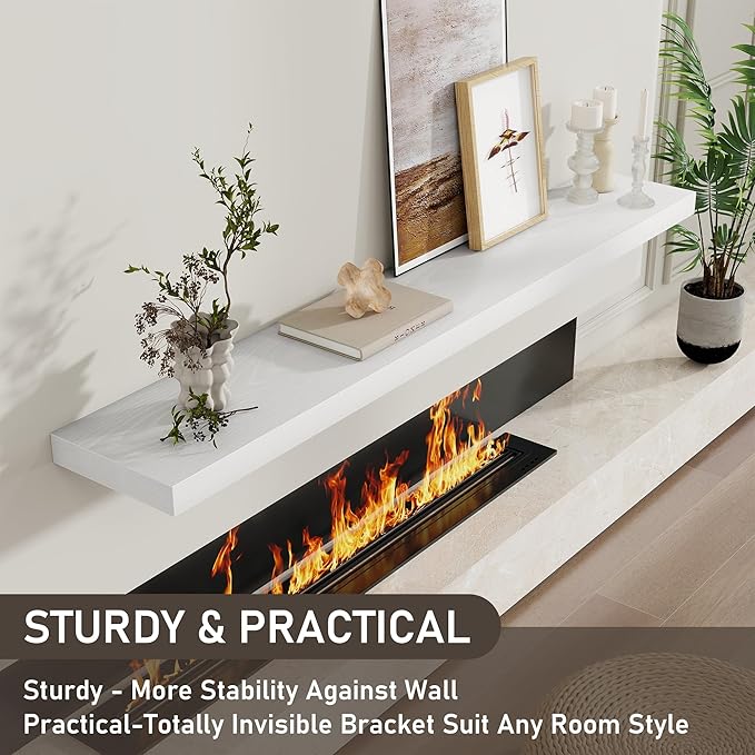 Floating Shelves for Wall, 66 Inch Floating Shelves Set of 2, Wall Mounted Rustic Wood Shelf for Bathroom, Living Room, Bedroom and Kitchen, Hanging Shelf for Storage, Books, Home Decor, White