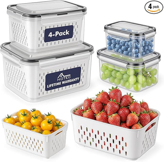 HOTEC 4-Pack Large Fruit Storage Container for Fridge Leak proof with Removable Colander, BPA Free Dishwasher & microwave safe Largest 3.15L