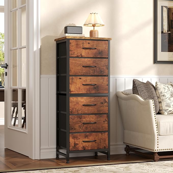 Sweetcrispy Tall Fabric Dresser for Bedroom, 6 Drawer Skinny Chest of Drawers, Narrow Storage Tower with Wood Top and Metal Frame, Vertical Nightstand for Closet, Bedroom Organization Furniture, Brown