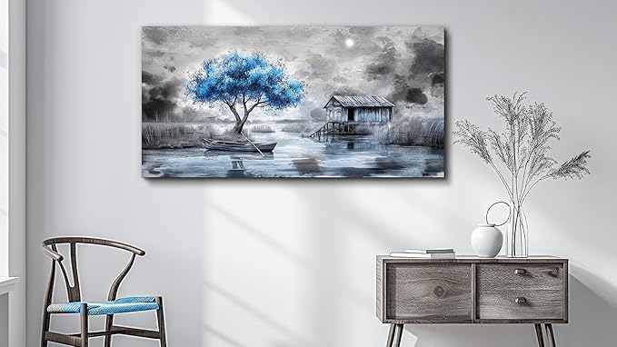 QIYILEXWART Canvas Wall Art For Living Room Large Wall Decor For Office Bedroom Decorations The Blue Tree Pictures The Hut Painting Stretched And Framed Artwork Room Ready To Hang