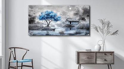 QIYILEXWART Canvas Wall Art For Living Room Large Wall Decor For Office Bedroom Decorations The Blue Tree Pictures The Hut Painting Stretched And Framed Artwork Room Ready To Hang