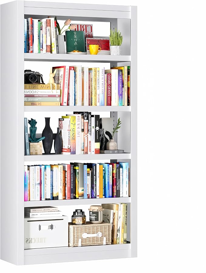 5-Tier Metal Bookshelf, 61" Tall White Bookcase with Adjustable Shelves, Heavy Duty Deep Book Shelves, Display Storage Shelving for Living Room, Home Office, Library, Bedroom
