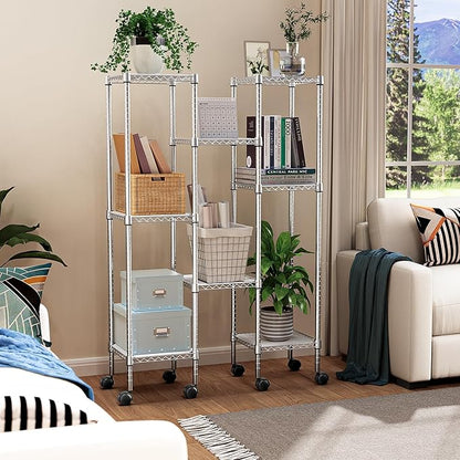 M MZG Storage Shelves Adjustable, 4 Tier Shelving Units for Storage with Wheels, Corrosion Resistant Wire Shelving Unit for Kitchen Closet Bathroom Office, Chrome 11.8" D x 11.8" W x 48.1" H