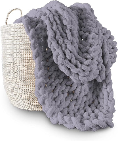 Adyrescia Chunky Knit Blanket Throw | 100% Hand Knit with Jumbo Chenille Yarn (40"x50", Lilac Gray)