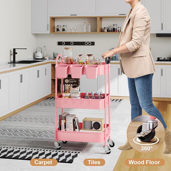 3 Tier Metal Rolling Cart with Lockable Wheels and Handle, Three Tiered Pink Trolley Cart on Wheels, Utility Storage Organizer for Bathroom, Kitchen, Teachers, Art, Crafts, Baby Diaper, Snack, Nail