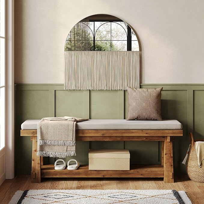 55" Solid Wood Entryway Bench with Shoe Storage, Rustic Hardwood Finishes Foyer Bench with Open Shelf for Hallway, Mudroom, Bedroom, Easy Assembly