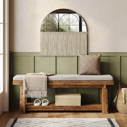 55" Solid Wood Entryway Bench with Shoe Storage, Rustic Hardwood Finishes Foyer Bench with Open Shelf for Hallway, Mudroom, Bedroom, Easy Assembly