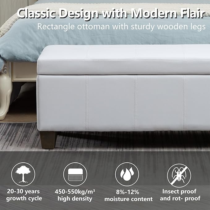 41" Storage Ottoman, Storage Bench with Safety Hinge, Upholstered Synthetic Leather Ottoman Bench for Bedroom, Living Room, Entryway, Hallway, Foot Rest, Support 500lbs