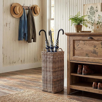 GlikCeil Rattan Umbrella Holder for Entryway 20.5h x 9l x 9w Inch Square Umbrella Stand with Plastic Water Catch, Umbrellas Basket Bucket Fit Walking Cane Tall Umbrellas Storage for Home Office