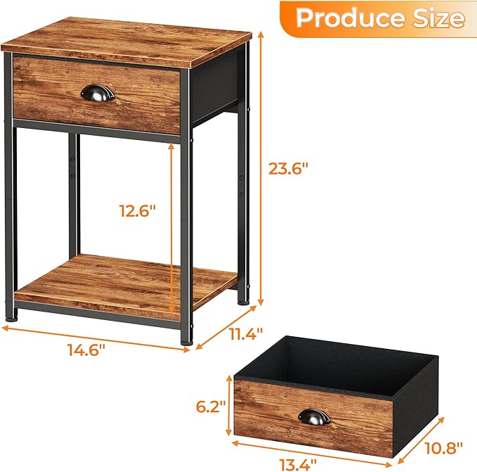 Furologee End Table with Storage Shelf and Fabric Drawer, 2 Tiers Industrial Nightstand, Bedside Table Organizer for Living Room Bedroom, Rustic Brown, Easy Assembly
