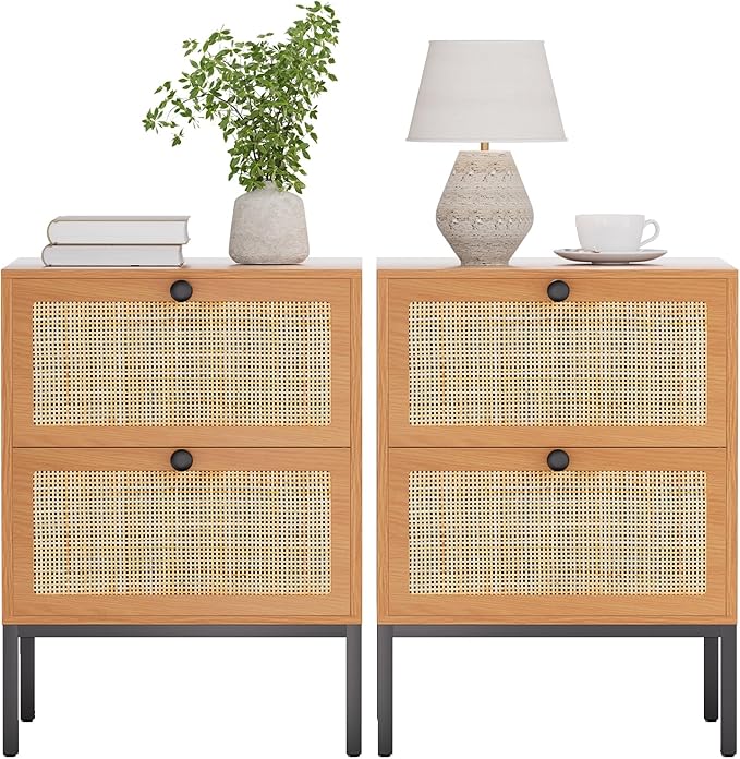 XIAO WEI Natural Rattan Nightstand Set of 2, Boho Night Stand with 2 Drawers, Bedside Table Accent Cane End Table Side Table for Bedroom Living Room, Metal Legs/Small/Light Brown