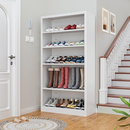 5-Space Heavy Duty Steel Shoe Rack, 4-Tier Adjustable Shoe Shelf with Back Panel, 66" Tall Open Shoe Organizer for Entryway, Closet, Apartment - Sturdy Metal Shoe Storage (White, 5 Tier-66"H*33W)