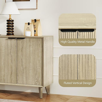 Fluted Cabinet with Storage, Buffet Sideborad with 4 Doors, Kitchen Buffet Storage Accent Cabinet with Adjustable Shelves for Living Room, Entry, Hallway, Natural