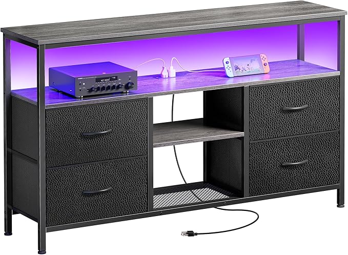 Huuger 47 Inch TV Stand Dresser with Power Outlets and LED Lights | Entertainment Center with 4 Drawers, PU Finish, Grey and Black, Dresser for 55 50 Inch TV, Open Shelf, Media Console