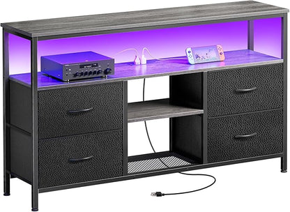 Huuger 47 Inch TV Stand Dresser with Power Outlets and LED Lights | Entertainment Center with 4 Drawers, PU Finish, Grey and Black, Dresser for 55 50 Inch TV, Open Shelf, Media Console