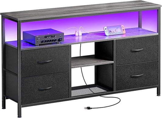 Huuger 47 Inch TV Stand Dresser with Power Outlets and LED Lights | Entertainment Center with 4 Drawers, PU Finish, Grey and Black, Dresser for 55 50 Inch TV, Open Shelf, Media Console