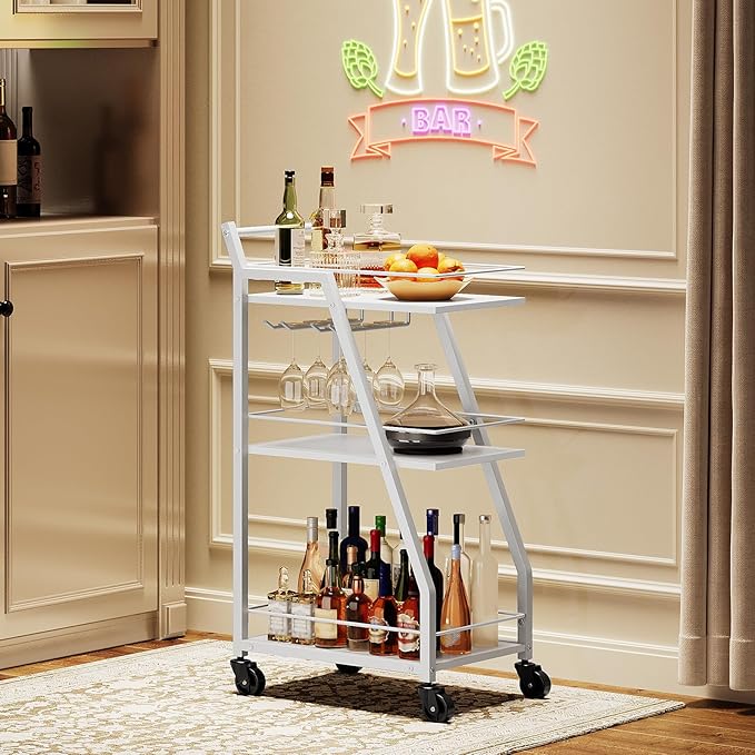 Bar Cart for The Home, Small Bar Cart on Wheels, Beverage Cart, Home Bar Serving Cart with Glass Holder, Drink Cart for Bar, Kitchen, White and White BC03WW