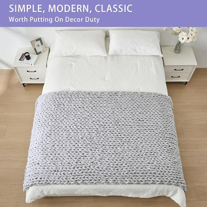 Bigacogo Chunky Knit Throw Blanket for Couch, 40x80 inches, 100% Hand Knitted with Thick Jumbo Chenille Yarn, Cozy Soft Large Rope Knot Cable Crochet Blankets for Sofa Bed Living Room, Light Grey