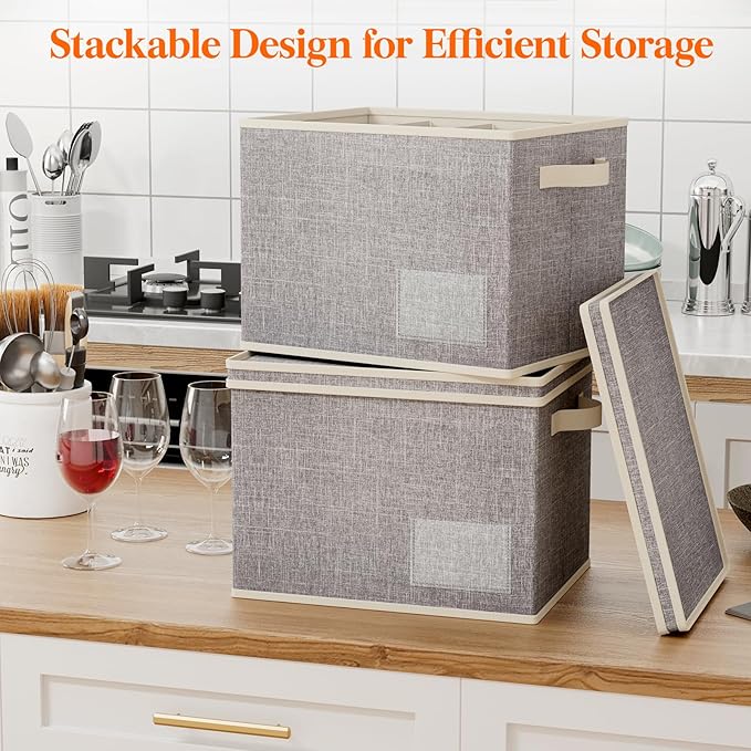 Lifewit 3 Pcs Wine Glass Storage Box with Dividers, Stackable Cationic Hard Shell Stemware Organizer with 36 Cells, Foldable Dustproof China Containers for Moving, Light Grey