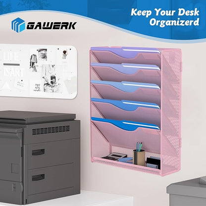 6 Tier Hanging File Organizer, Mesh Wall File Holder Paper Folder Rack with Bottom Flat Tray for Office Home, Pink