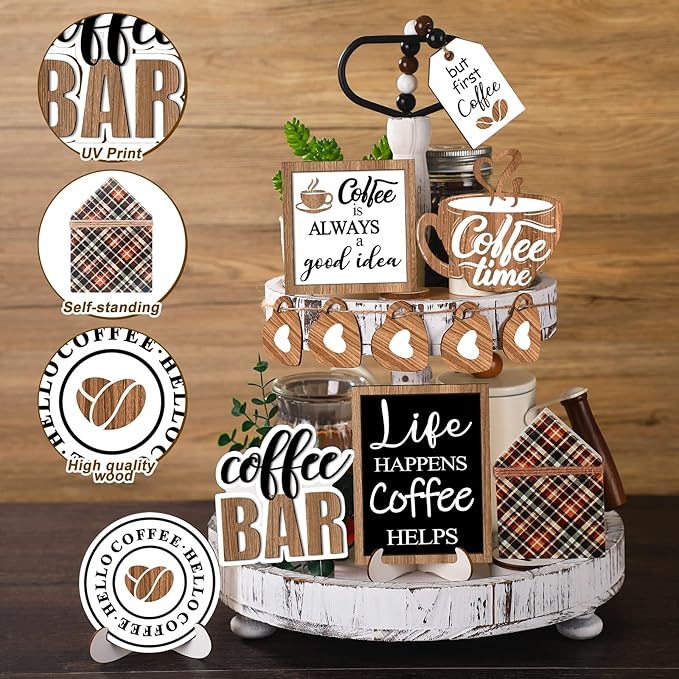 11 Pcs Coffee Tiered Tray Decor Coffee Time Rustic Farmhouse Tiered Tray Decorations Set Home Wooden Signs Vintage Farm Animal Farmhouse Tabletop Wood Signs for Kitchen Table Shelf Decor