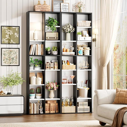 FOTOSOK 2Pcs 71'' Tall Narrow Bookshelf with 14 Cubes, 7 Tier Double Wide Bookshelf with 6 Adjustable Shelves, 19.6" Narrow DVD/CD Media Storage Shelf, Space Saving Display Shelf Cabinet, White/Black