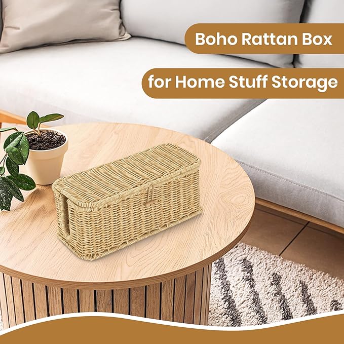 Wicker Storage Basket With Lid, Toilet Paper Basket For Toilet Tank, Pads And Tampon Holder For Bathroom, Rectangular Woven Kitchen Organizer, Home Decorative Storage Box