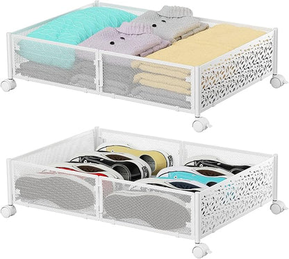 Under Bed Storage, Under the Bed Storage Containers with Wheels, Under Bed Shoe Storage Organizer Drawer, Tool-free Assembly Metal Underbed Storage for Bedroom Clothes Shoes Blankets-2 Pack White