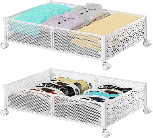 Under Bed Storage, Under the Bed Storage Containers with Wheels, Under Bed Shoe Storage Organizer Drawer, Tool-free Assembly Metal Underbed Storage for Bedroom Clothes Shoes Blankets-2 Pack White