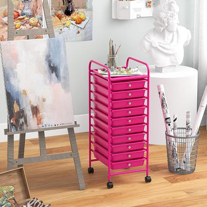OFFICEJOY Storage Cart, Rolling Utility Cart with 10 Drawers, Portable Handles & Lockable Wheels, Mobile Paper Toys Storage Organizer Large Capacity for Home Office School Teacher (Hot Pink)