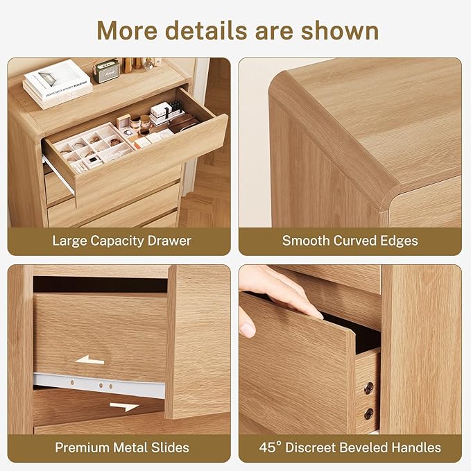 TEENFON Tall Dresser for Bedroom with 6 Drawers, 49.2" Tall Dressers & Chest of Drawers with Curved Profile Design, Wood Closet Storage Dressers Organizer for Bedroom, Living Room, Natural