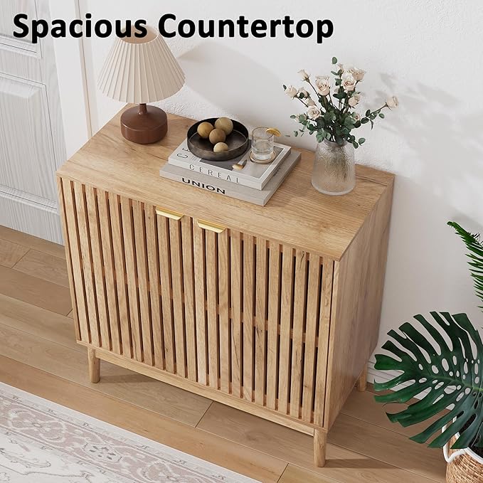 Sideboard Buffet Cabinet with Storage, Freestanding Kitchen Storage Cabinet with 2 Slatted Doors and Adjustable Shelves, Wooden Cupboard for Kitchen, Entryway (Slatted Door Natural)