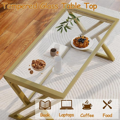 Wolawu Coffee Table Gold Glass Coffee Table for Living Room,Modern Rectangular Center Table with Sturdy Metal Frame,Tempered Glass Table Tea Tables for Bedroom Home Office